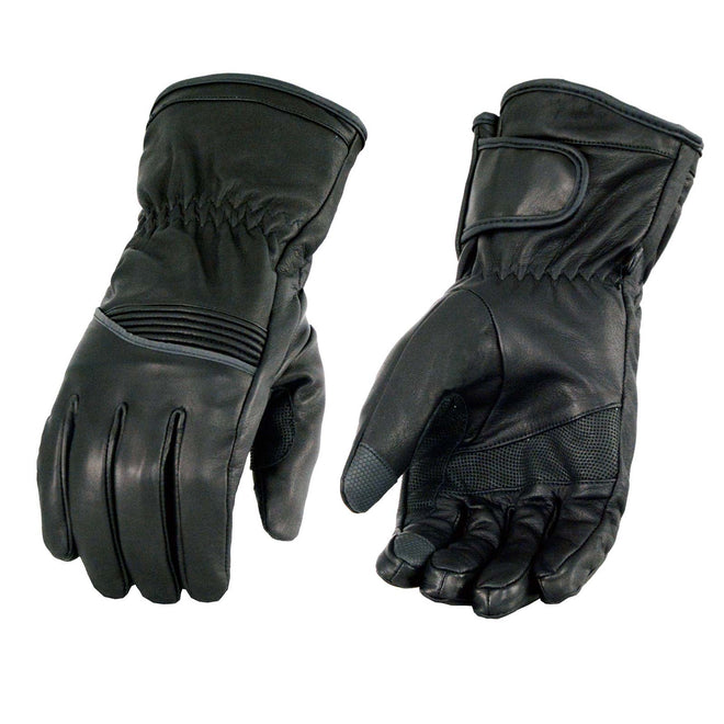 Milwaukee Leather men's black cowhide motorcycle gloves with gauntlet design, touchscreen fingertips, and waterproof features.
