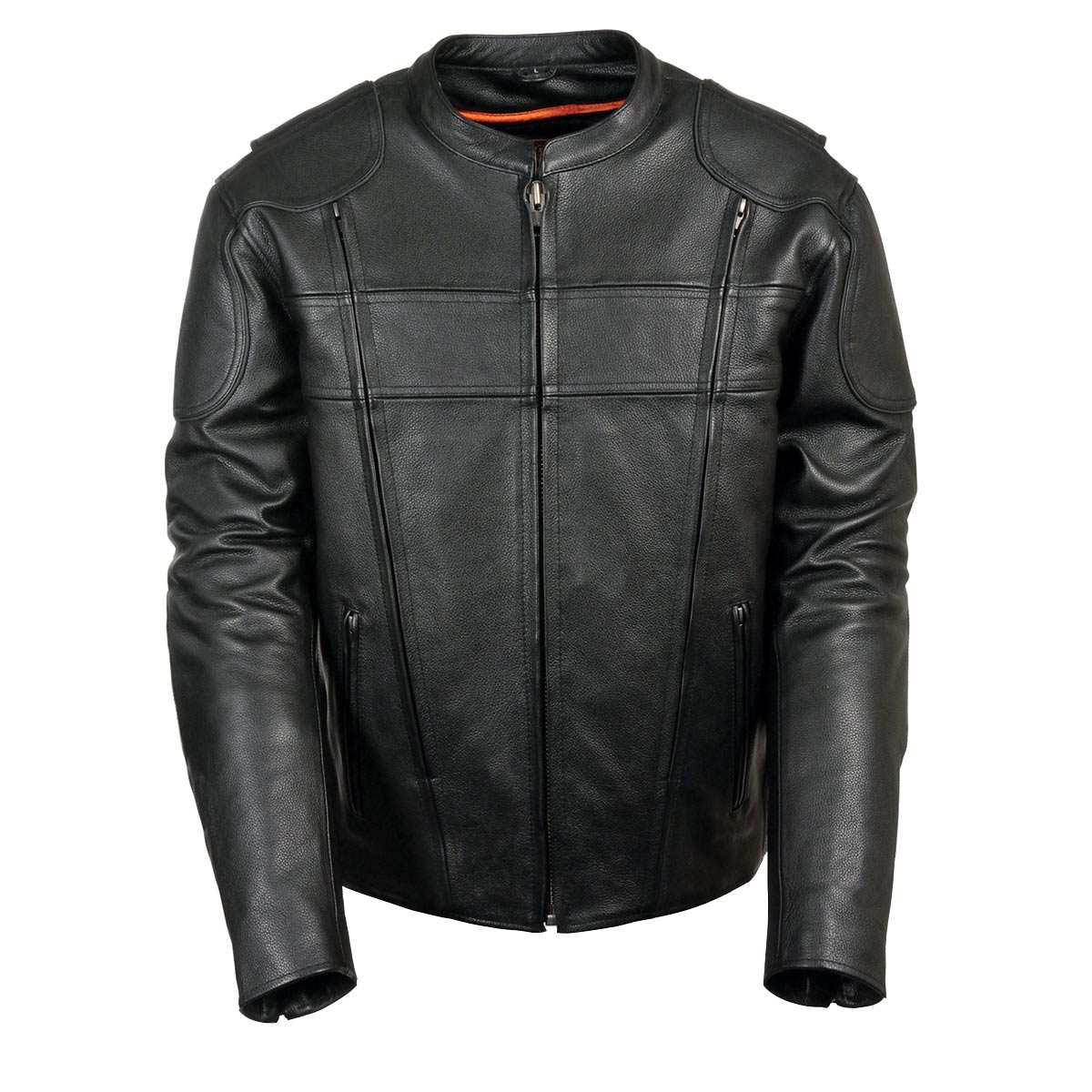 Milwaukee Leather men's black side stretch vented leather scooter jacket, stylish and durable men's jacket with vented panels.