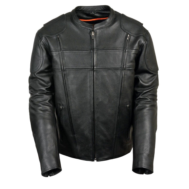 Milwaukee Leather men's black side stretch vented leather scooter jacket, stylish and durable men's jacket with vented panels.