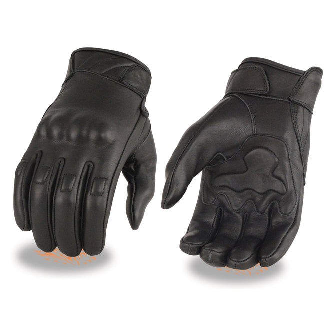Milwaukee Leather men's black leather motorcycle gloves with gel palms, touchscreen compatibility, and protective knuckles.
