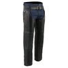Men's black Milwaukee Leather motorcycle chaps with naked leather, snap closures, thermal lining, and four pockets.