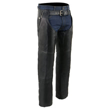 Men's black Milwaukee Leather motorcycle chaps with naked leather, snap closures, thermal lining, and four pockets.