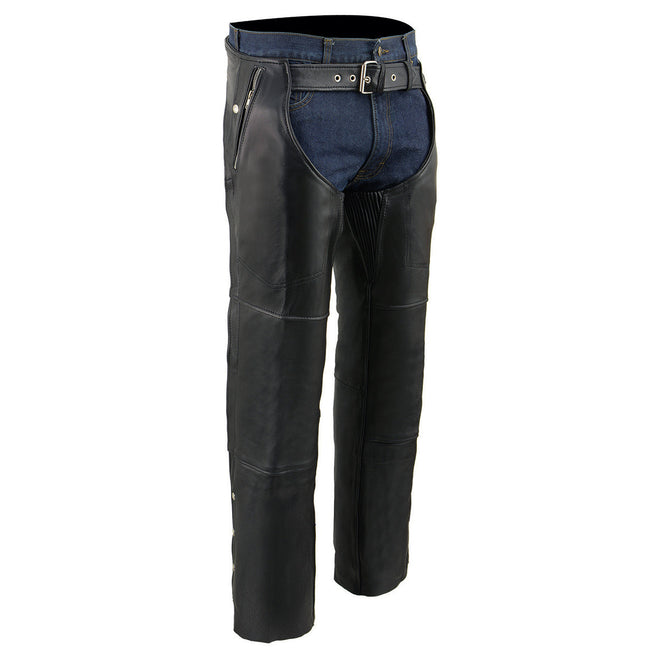 Men's black Milwaukee Leather motorcycle chaps with naked leather, snap closures, thermal lining, and four pockets.