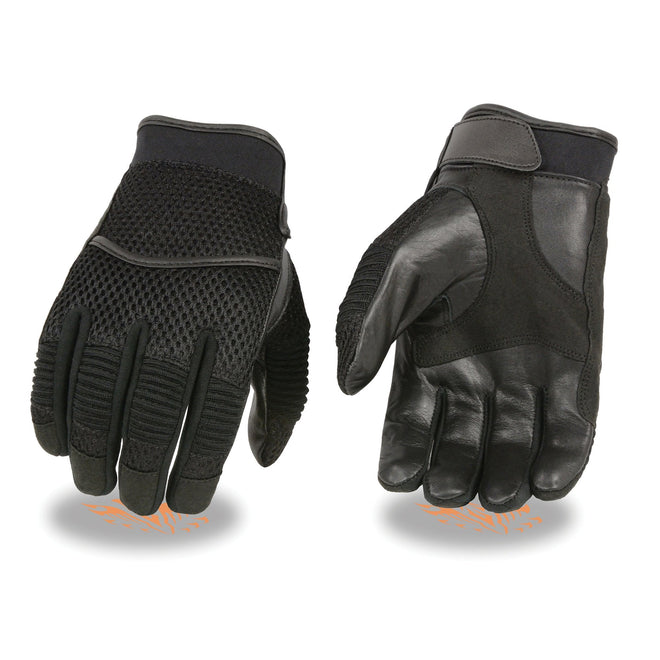 Men's black racing gloves by Milwaukee Leather with mesh and leather construction, featuring a leather palm for grip and durability.