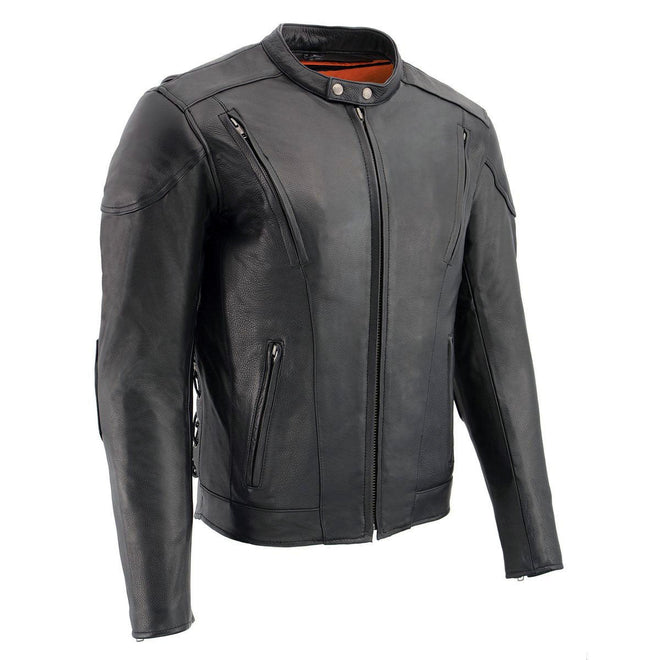 Milwaukee Leather men's black vented scooter leather jacket with side laces, featuring a stylish and durable design.