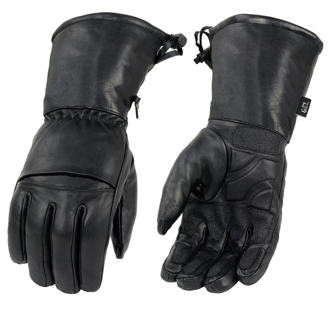 Milwaukee Leather men's black waterproof motorcycle gloves with gel palm and soft leather construction, designed for comfort and grip.
