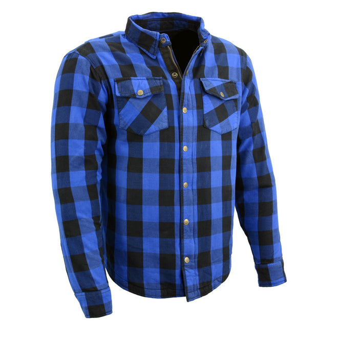 Milwaukee Leather men's blue plaid flannel biker shirt with CE-approved armor and reinforced aramid fiber for protection.
