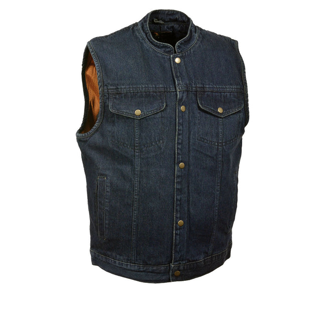 Men's blue denim club style vest by Milwaukee Leather featuring snap front closure and classic design.