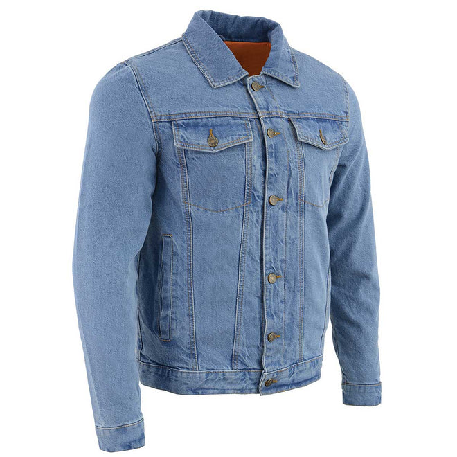 Milwaukee Leather men's blue denim jean jacket, classic style, with front pockets and button closure, casual men's outerwear.