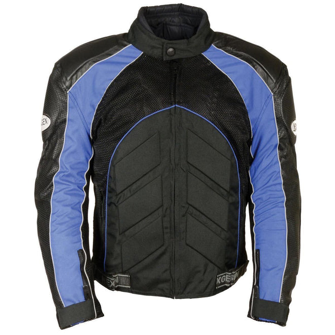 Milwaukee Leather men's black and blue armored motorcycle jacket with textile and leather panels, racer style, men's jacket.