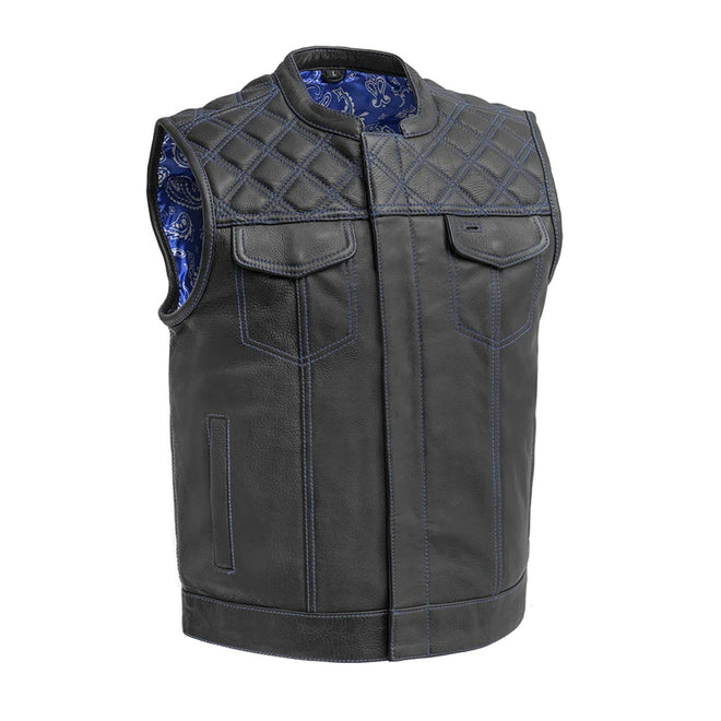 Men's blue and black leather vest by FIRST MFG, club style men's vest with sleek design and premium leather material.