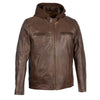 Milwaukee Leather men's broken brown motorcycle style leather jacket with snap collar and removable hoodie, casual fashion outerwear.