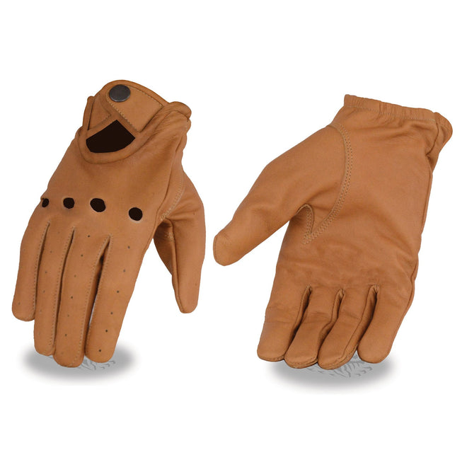 Milwaukee Leather men's saddle tan perforated leather motorcycle gloves with open knuckle protection and breathable design.