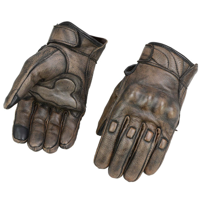 Milwaukee Leather men's brown leather motorcycle gloves with gel palms, protective knuckles, and i-touch screen compatibility.