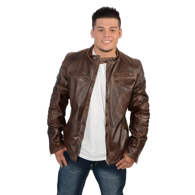 Milwaukee Leather men's brown cafe racer jacket with side stitch details, made from soft lambskin leather.