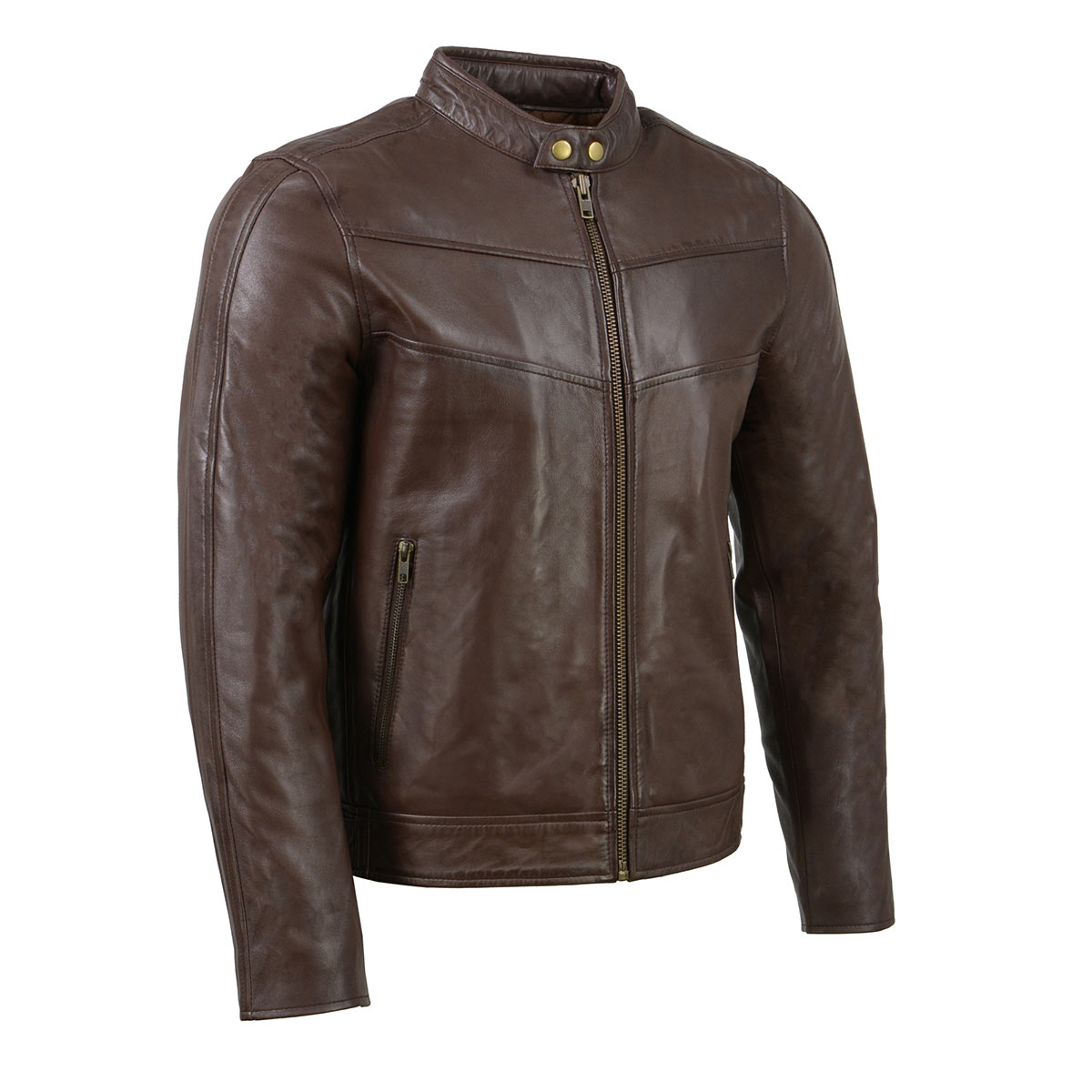 Milwaukee Leather men's brown Cafe Racer leather jacket with snap button collar, stylish and durable men's jacket for casual wear.