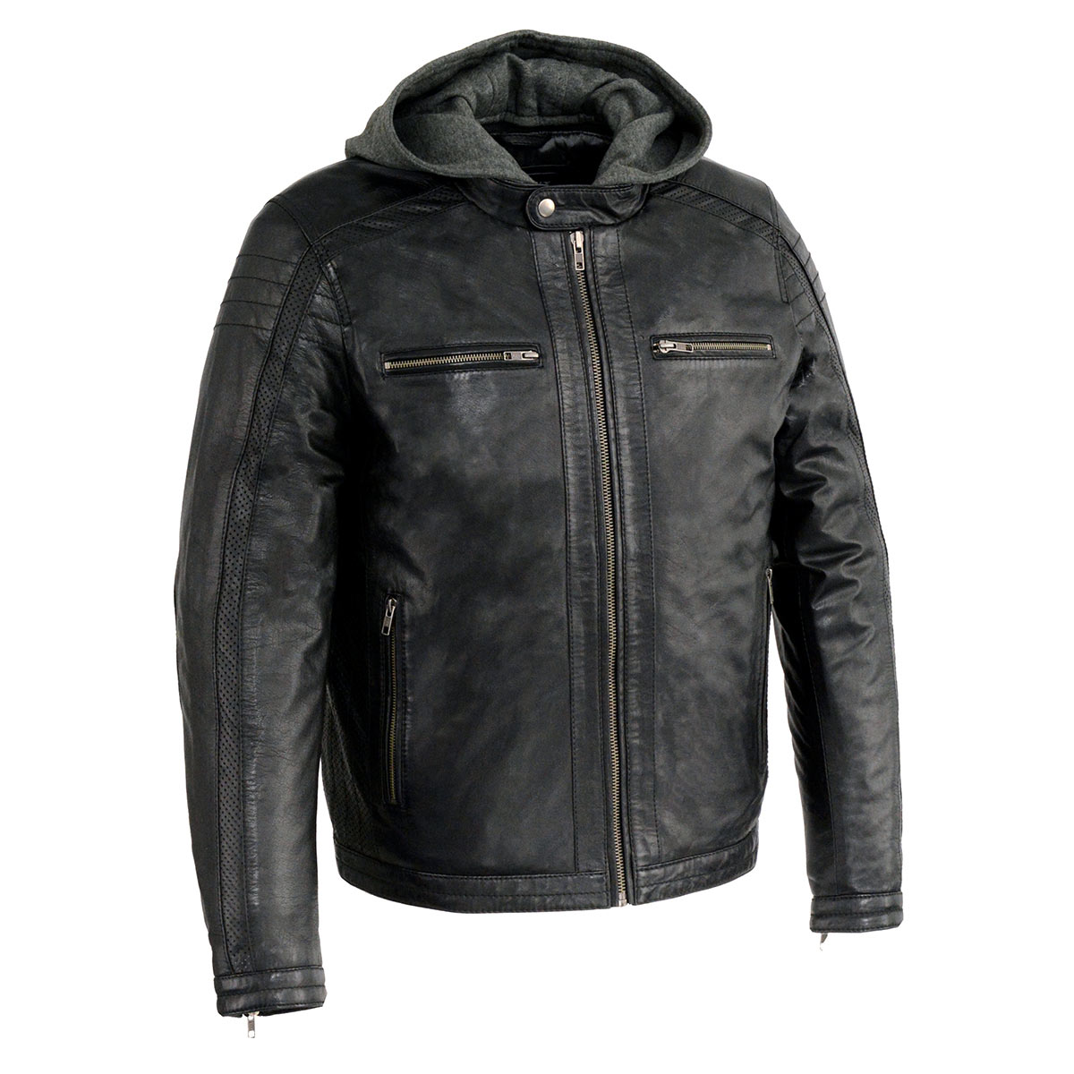 Milwaukee Leather men's black casual leather jacket with removable hoodie, featuring a stylish fit and classic design.