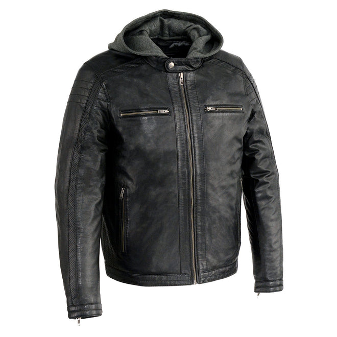 Milwaukee Leather men's black casual leather jacket with removable hoodie, featuring a stylish fit and classic design.