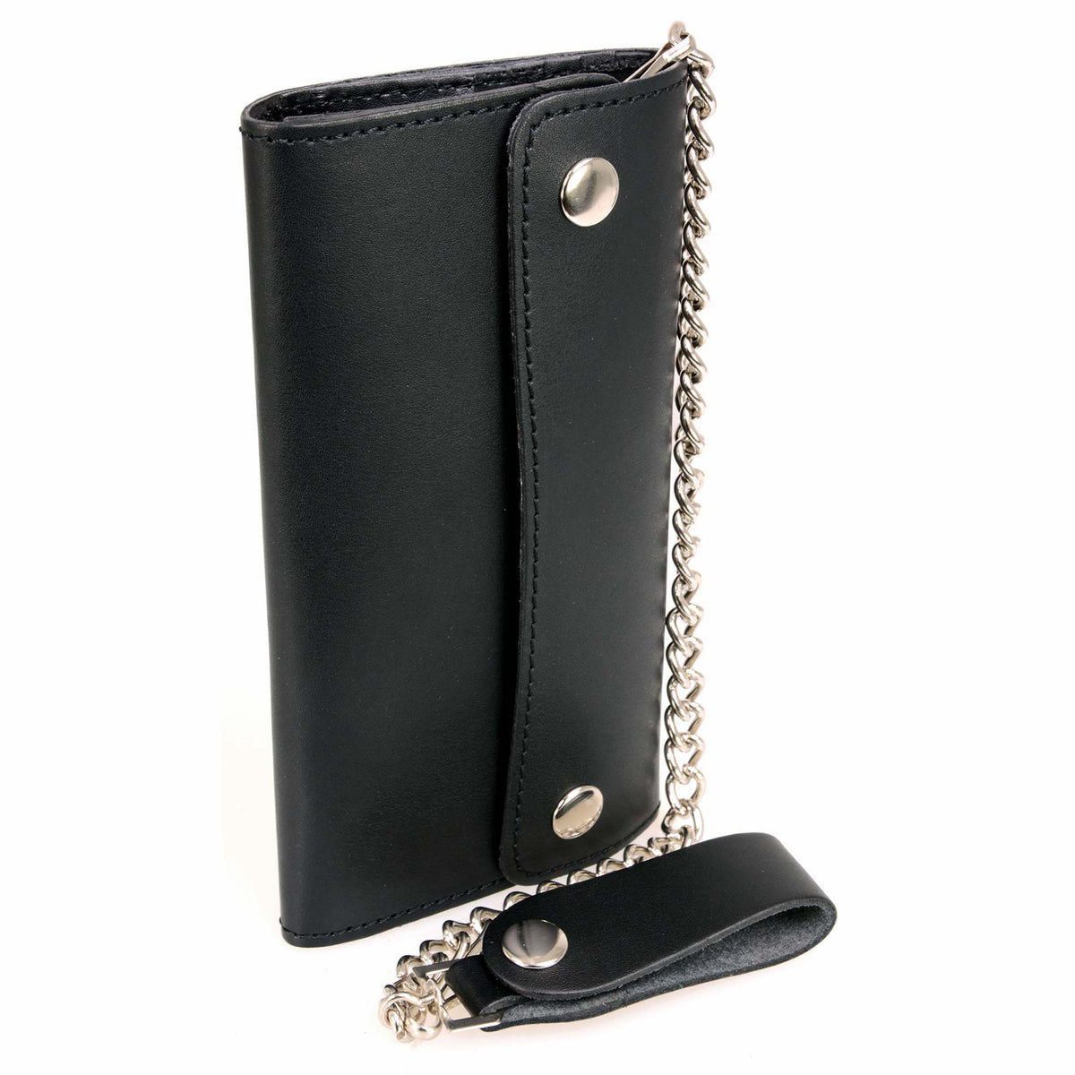 Milwaukee Leather men's black 8-inch biker wallet with bi-fold design and anti-theft stainless steel chain, shown on a man.
