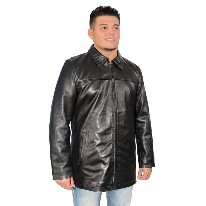 Milwaukee Leather men's classic black JD lambskin leather jacket with zipper closure, stylish men's jacket for a sleek look.