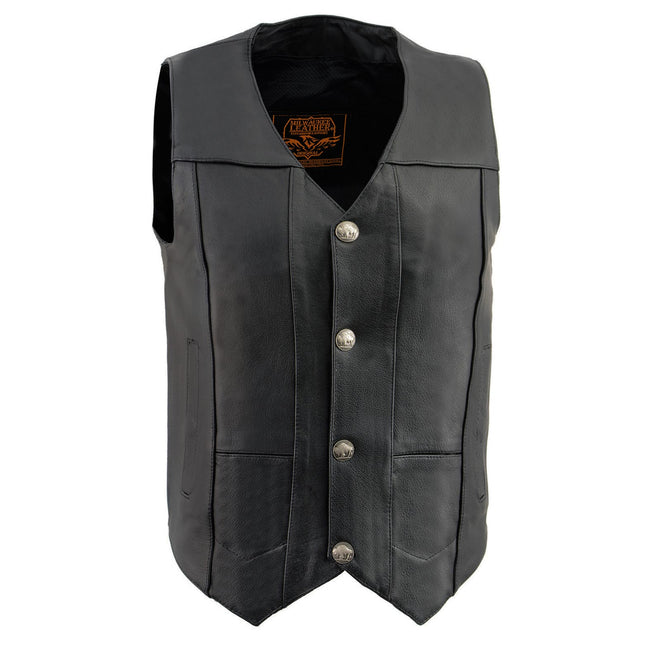 Milwaukee Leather men's black leather V-neck motorcycle rider vest with buffalo nickel snap closures and classic design.