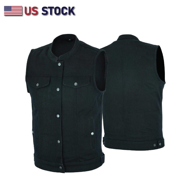 Men's black club cut outlaw biker vest by Buffalo Leather Gear with cut-out design, rugged denim style for motorcycle enthusiasts.