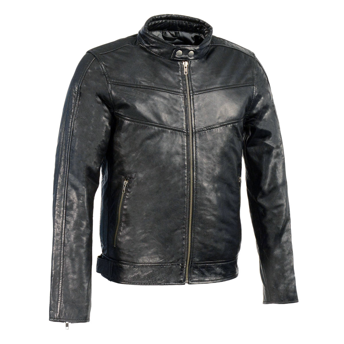 Milwaukee Leather men's black 'Cafe Racer' leather jacket with snap button collar, stylish men's jacket for motorcycle or casual wear.