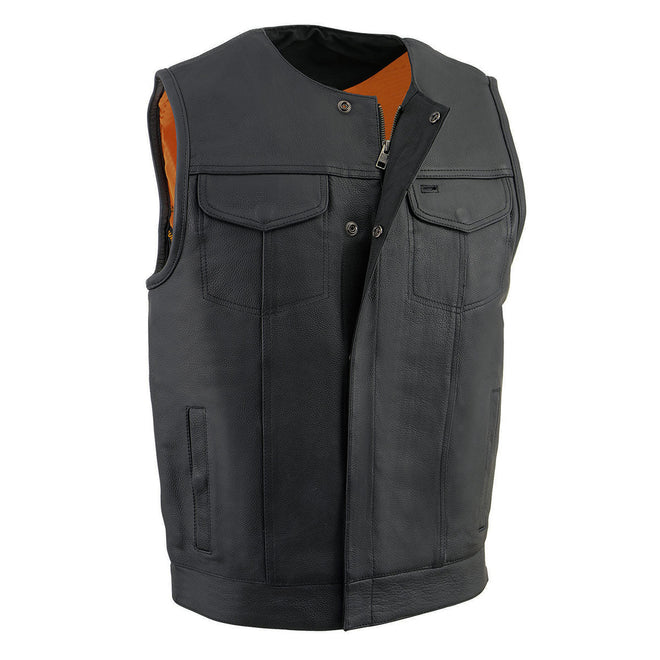 Milwaukee Leather men's black collarless motorcycle vest with snap and zipper front, club style leather vest for men.