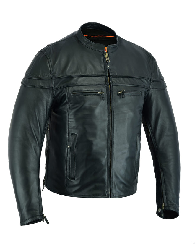 Buffalo Leather Gear men's black Crossover leather jacket, lightweight MC style with sleek design and classic collar details.