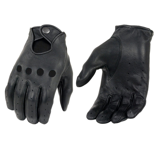 Milwaukee Leather men's black deerskin leather unlined professional driving gloves, showing detailed stitching and fit.