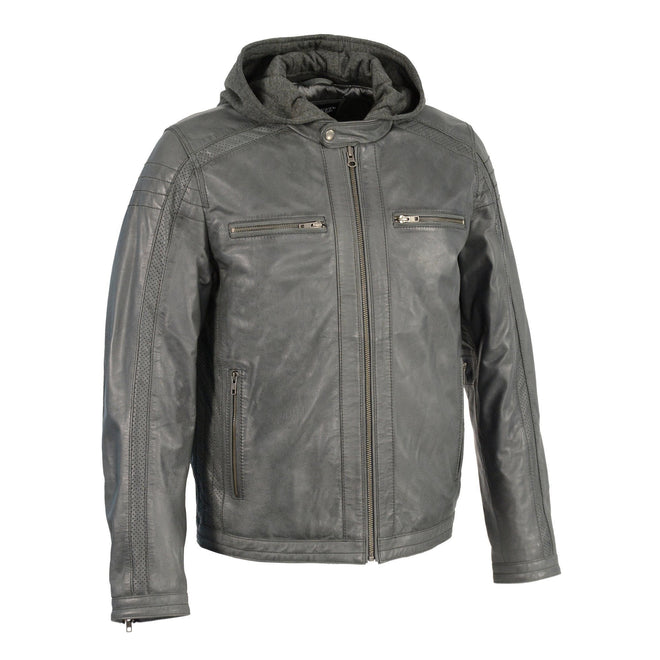 Milwaukee Leather men's anthracite casual leather jacket with removable hoodie, stylish fashion jacket for men.