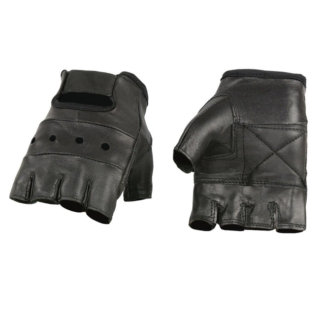 Milwaukee Leather men's black fingerless motorcycle gloves with gel padding, breathable open knuckle design and padded palms.