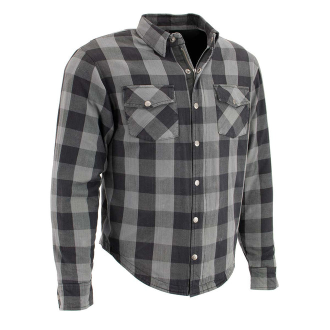 Milwaukee Leather men's plaid flannel biker shirt with reinforced armor and aramid fibers, casual textile clothing for riding.