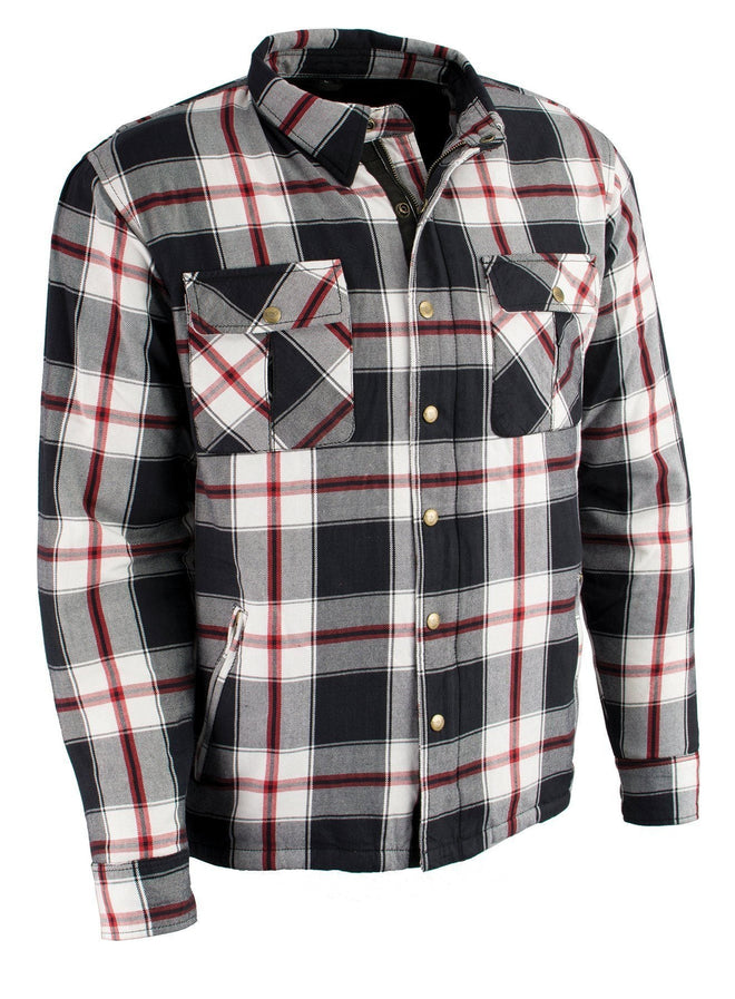 Milwaukee Leather men's plaid flannel biker shirt with CE-approved armor and reinforced aramid fiber for protection.