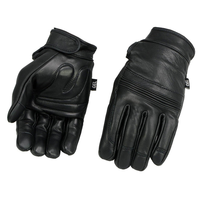 Milwaukee Leather men's black leather motorcycle gloves with gel palms, i-touch screen compatible, and flexible knuckle protection.