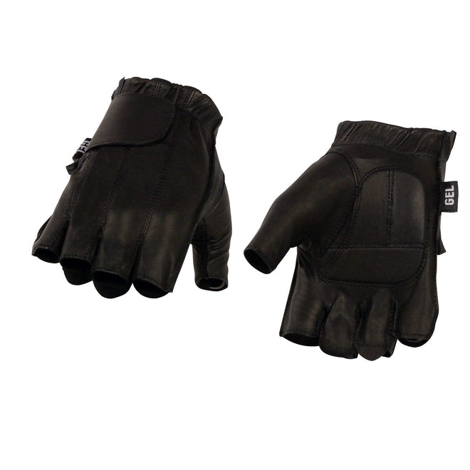 Milwaukee Leather men's black gel-padded fingerless motorcycle gloves with soft genuine leather palms.