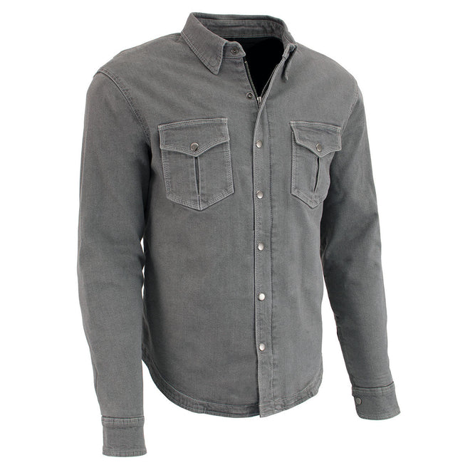 Milwaukee Leather men's grey flannel biker shirt with CE armor, reinforced with aramid fibers, casual textile clothing for riding.