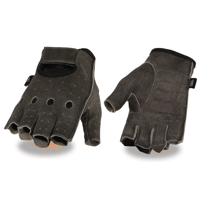Men's grey Milwaukee Leather motorcycle gloves with gel padding, fingerless design, breathable open knuckles, and leather construction.