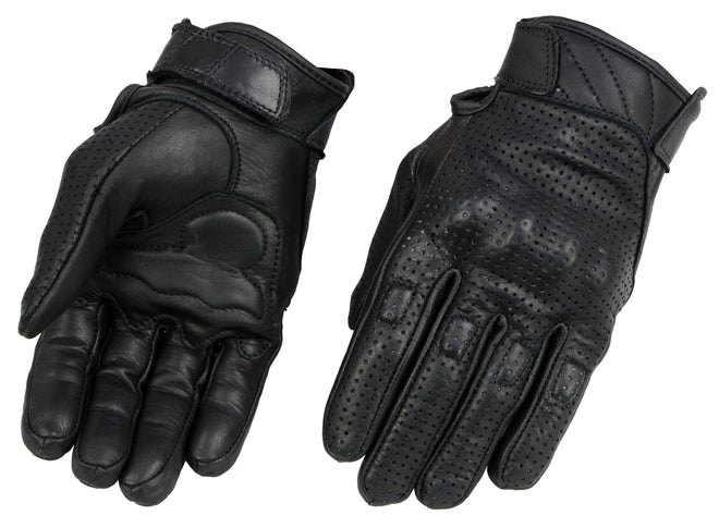 Milwaukee Leather MG7500 men's black perforated leather motorcycle gloves with gel padding and rubberized hard knuckles for protection.