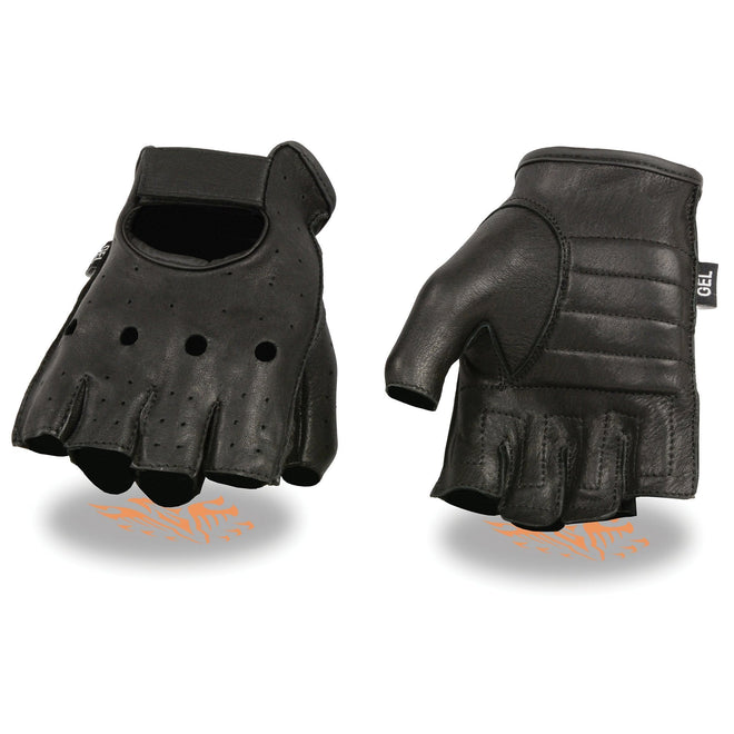 Men's black leather fingerless motorcycle gloves by Milwaukee Leather with gel padding, made from genuine USA deerskin.
