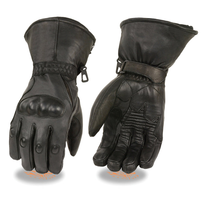 Milwaukee Leather men's black waterproof motorcycle gloves with hard knuckles, elasticized palm, and leather construction.