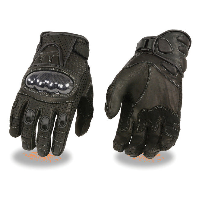 Milwaukee Leather men's black perforated leather racing gloves with hard knuckles and reinforced palm for protection and style.