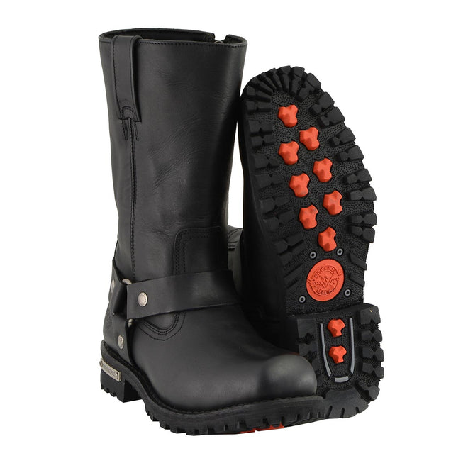 Men's black Milwaukee Leather harness boots with 11-inch classic square toe design and sturdy construction.