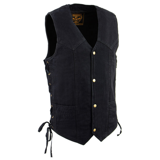 Milwaukee Leather men's black denim vest with side lace and snap front, classic style, shown on a model.