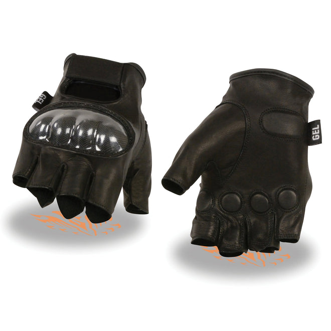 Milwaukee Leather men's black fingerless motorcycle gloves with hard knuckles and leather construction, designed for riding comfort and protection.