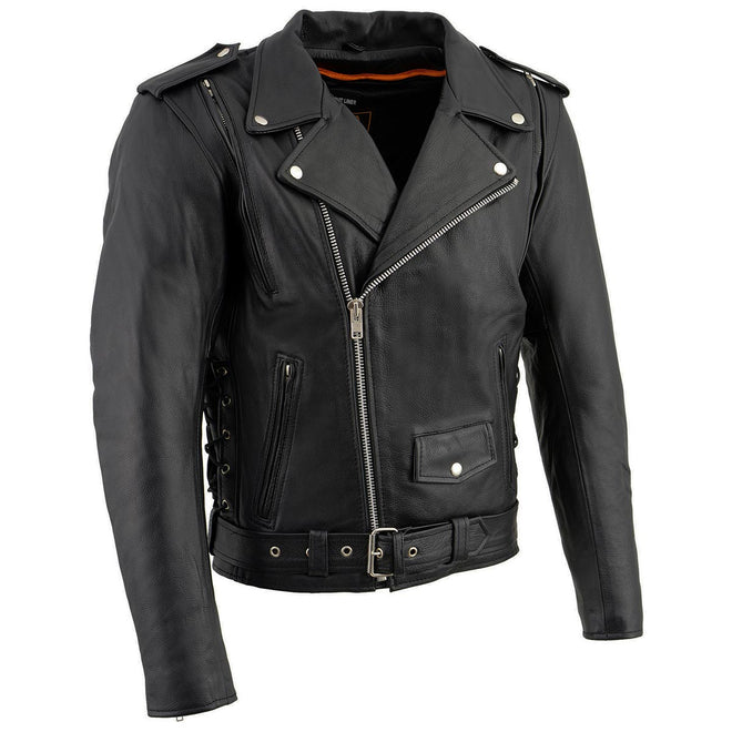 Milwaukee Leather men's black leather motorcycle jacket with side lace, thick Brando style biker jacket, rugged and stylish.