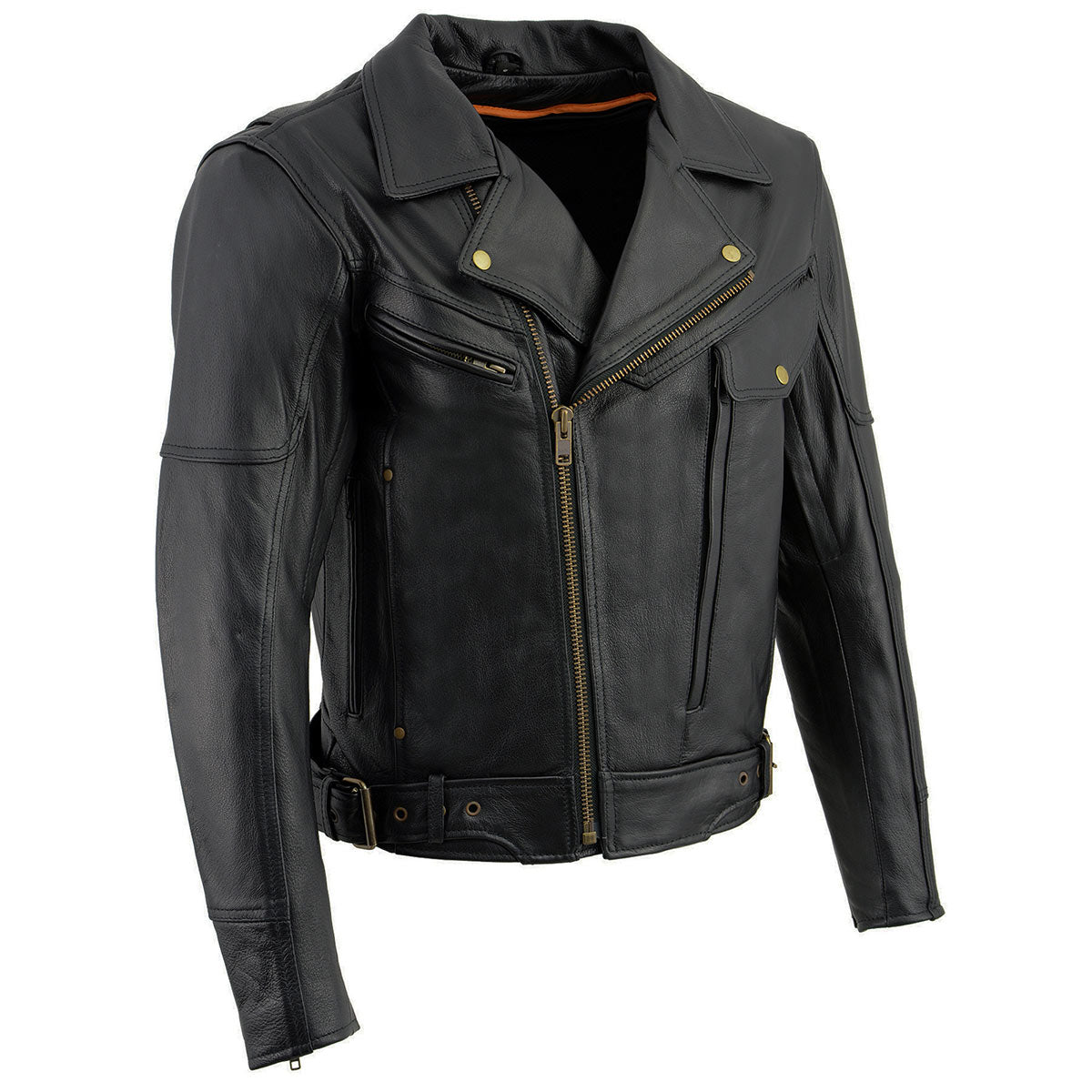Milwaukee Leather men's black genuine leather motorcycle jacket with police style design and 1.3mm thick biker construction.