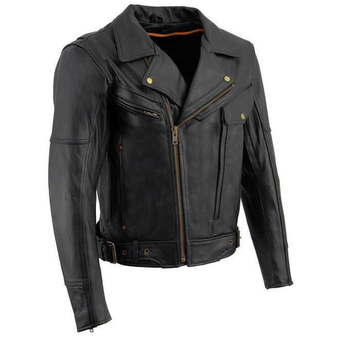 Milwaukee Leather men's black genuine leather motorcycle jacket with police style design and 1.3mm thick biker construction.