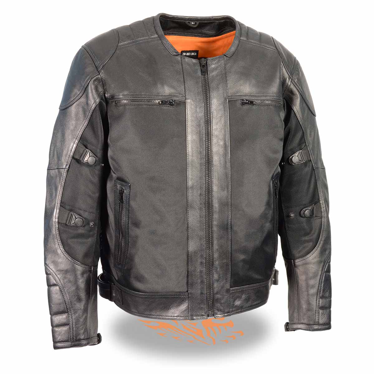 Milwaukee Leather men's black leather and mesh armored racer motorcycle jacket with protective padding, suitable for all seasons.