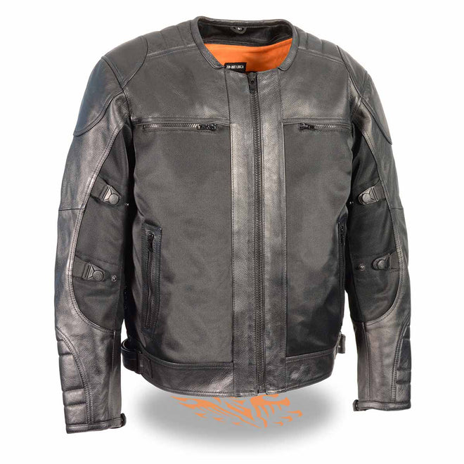 Milwaukee Leather men's black leather and mesh armored racer motorcycle jacket with protective padding, suitable for all seasons.
